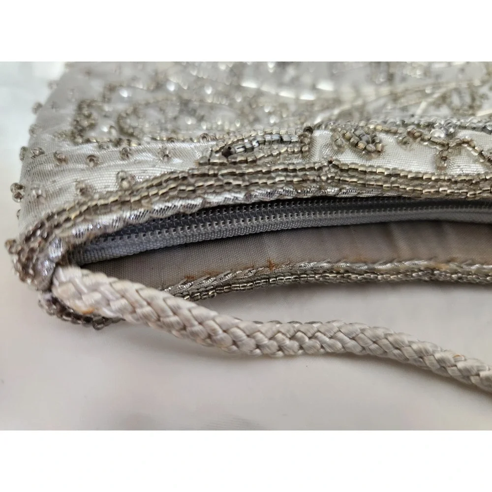 Vintage Valerie Stevens Silver Hand-Beaded Evening Bag‎ Braided Strap 8
